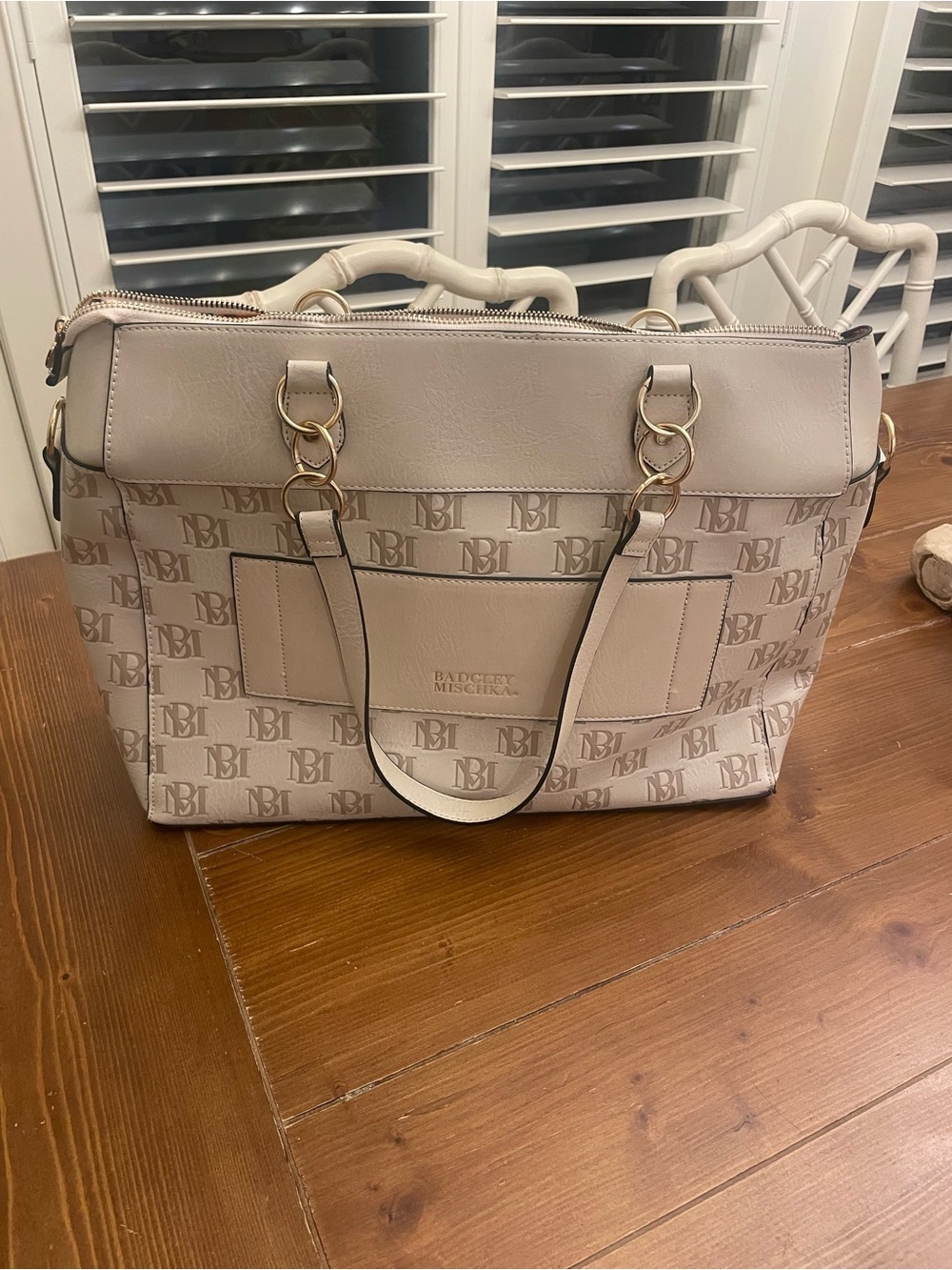 Badgley Mischka Neutral Beige Monogram Tote with Gold Hardware